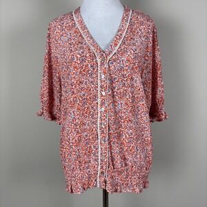 Esqualo Blouse Top Women 8 Orange Floral Button Up Smocked Lace Trim Cottagecore